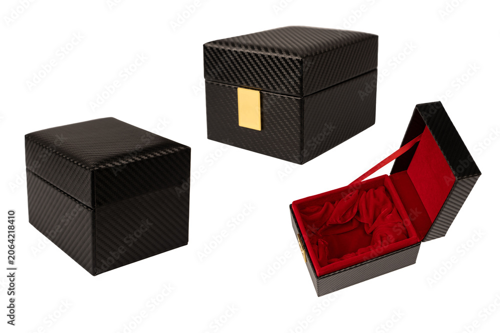 Fototapeta premium Black empty box covered with red velvet isolated on a white background.