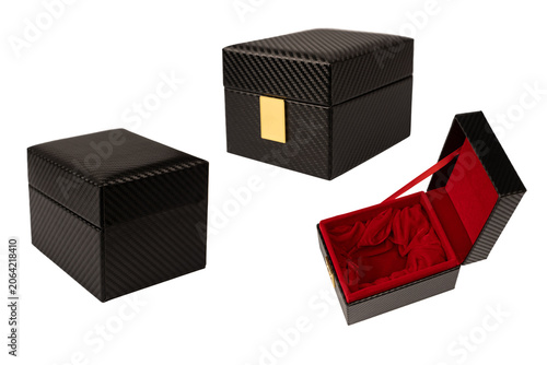 Black empty box covered with red velvet isolated on a white background.