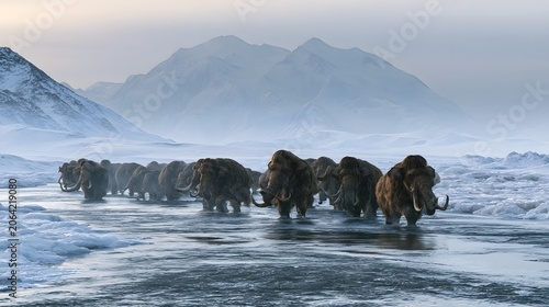 Ancient mammoths roam a frozen river beneath towering snow mountains a majestic wilderness scene
