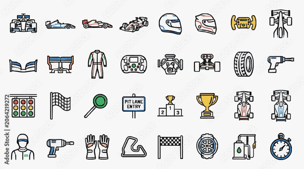 Naklejka premium Industrial and Motorsport Equipment and Components Icon Collection for Racing Enthusiasts and Engineers
