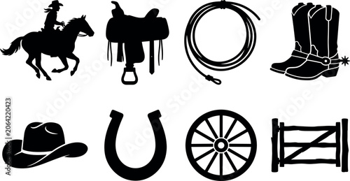 Fotografie Wild West cowboy rodeo culture and american ranching gear solid black vector icon set in image_dff267
