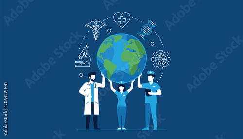 Healthcare professionals holding a globe under medical icons to represent global healthcare initiatives.
