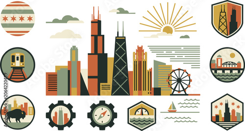 Chicago skyline skyline vector element set featuring Willis Tower John Hancock Center Navy Pier ferris wheel and vintage city travel badges