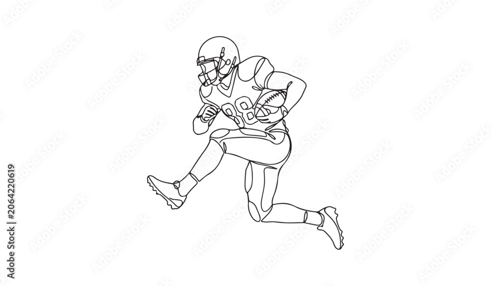 Fototapeta premium American football player running with ball continuous line art vector illustration isolated on white background.