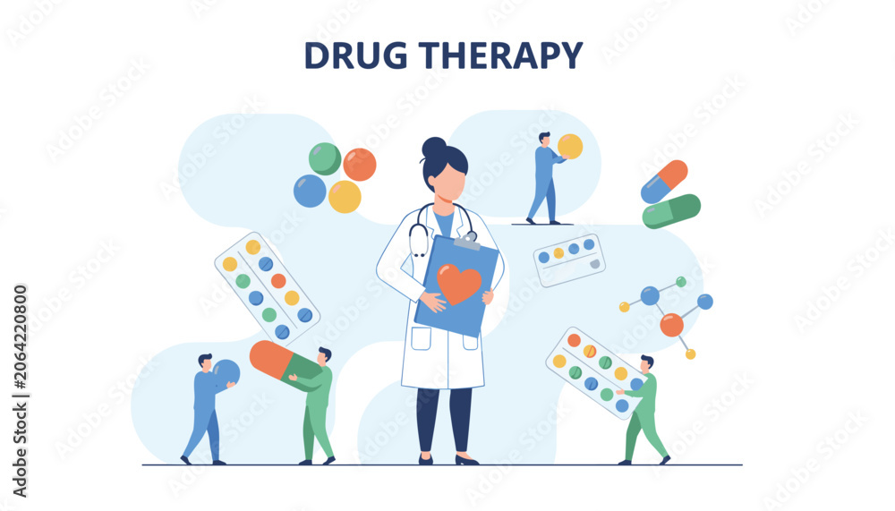 Fototapeta premium Medical drug therapy infographic with doctor holding folder surrounded by tablets, capsules, and patients.