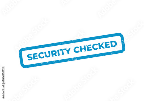Blue rectangular rubber stamp with the text security checked