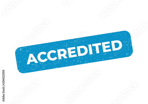 Blue rectangular rubber stamp with the word accredited inside
