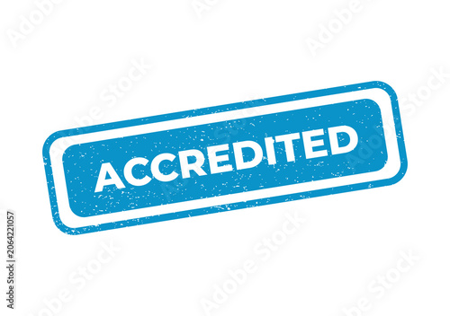 Blue rectangular rubber stamp with the word accredited on it
