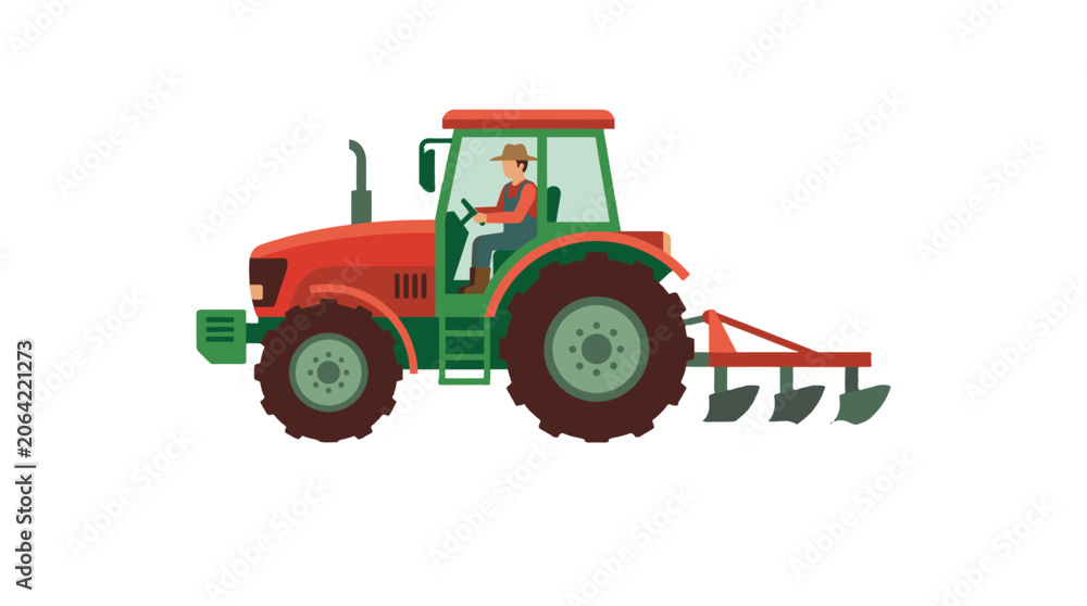 Fototapeta premium Red farm tractor with plow attached flat vector illustration