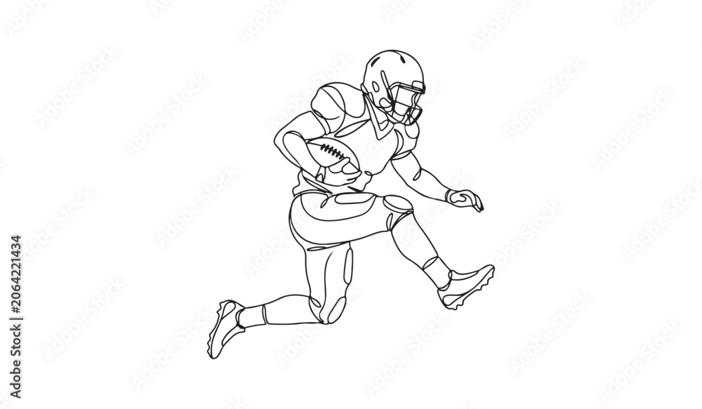 Fototapeta premium Continuous one line drawing of american football player running with ball. Minimalist sportsman in action vector illustration.