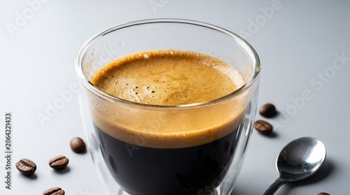 A fresh espresso with golden crema in a glass cup for morning energy.