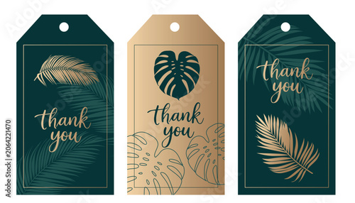 Thank you gift tag set with tropical leaves and elegant gold lettering. Luxury labels for small business packaging, handmade products, gift boxes, branding, customer orders, cards and boutique shops.