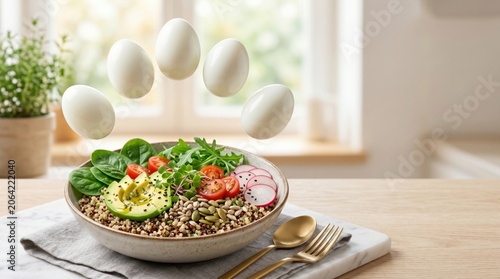 Surreal savory protein breakfast scene with boiled egg planets above quinoa bowl, showing clean nutrition, satiety and balanced morning fuel.
