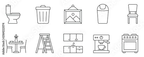 Foto Furniture and kitchen household items linear outline icons set for home interior vector illustration design