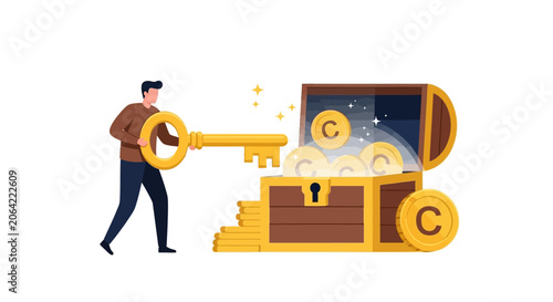 Intellectual Property and Copyright Protection Concept with Man Unlocking Treasure Chest of Assets, Golden Key and Coins with Copyright Symbol, Content Ownership Illustration