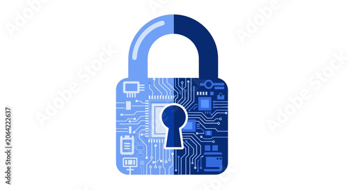 Cybersecurity Digital Padlock Icon with Circuit Board Pattern, Blue Technology Security and Data Privacy Concept Isolated on White