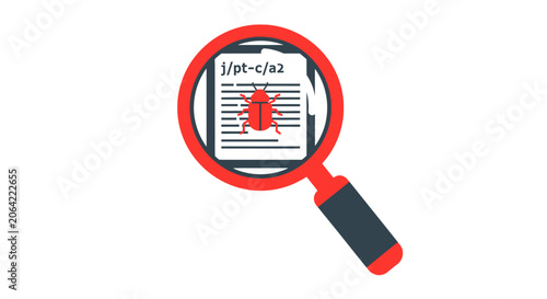Software Bug Scanning and Debugging Illustration. Magnifying glass over document with a bug symbol representing cyber security, code error detection, and vulnerability testing.