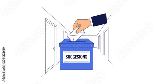 Businessman Putting Feedback Letter into Blue Suggestion Box in Office Hallway Illustration