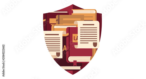 Legal Protection and Intellectual Property Concept Illustration: Shield with Law Books and Documents
