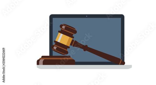 Online Law and Digital Justice Concept: Judge Gavel on Laptop Computer. Vector Illustration of Legal Technology, Cybercrime Regulations, and Virtual Court Services.