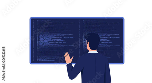 Software Developer Analyzing Code and Big Data on Large Digital Interface Screen
