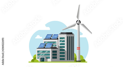 Sustainable Green Building with Solar Panels and Wind Turbine Illustration for Renewable Energy Concepts