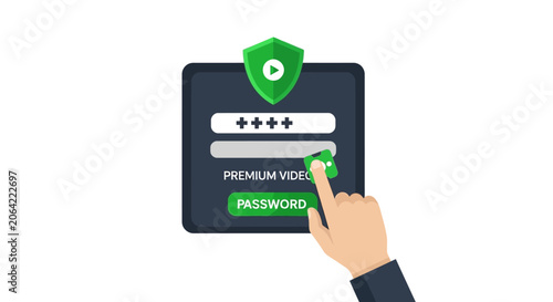 Cyber Security Concept: Hand Accessing Premium Video Login Interface with Protective Shield Icon
