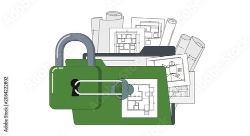 Secure Architectural Blueprints and Floor Plans in a Locked Green Folder - Confidential Data Protection Concept