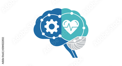 Human Brain Illustration with Gear and Heart Symbols Representing the Balance Between Logic, Rationality, Emotional Intelligence, and Mental Health