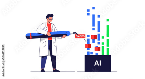 AI Bias Detection Concept: Scientist Identifying and Correcting Biased Data in Artificial Intelligence Algorithms. Flat Vector Illustration.