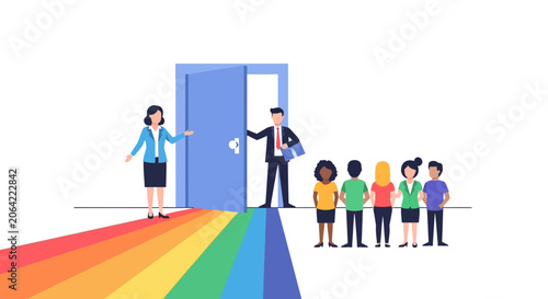 Inclusive Recruitment and Diversity Concept: Vector Illustration of Diverse Candidates and Rainbow Path to Success
