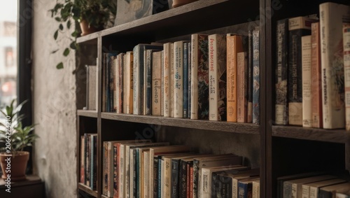 Bookshelves filled with books in a cozy room.