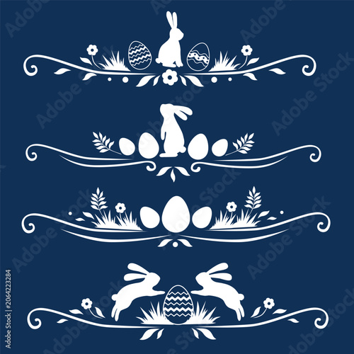White Easter border set with bunny rabbits, decorated eggs, flowers and spring ornaments. Decorative holiday dividers for greeting cards, invitations, banners, posters, crafts and seasonal designs.
