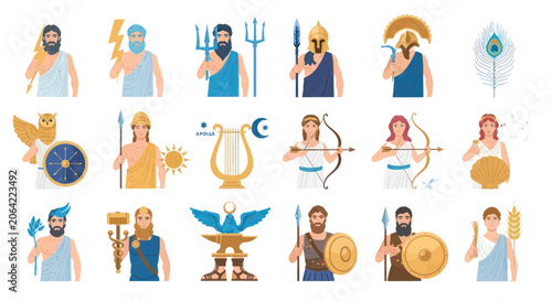 Foto Ancient greek gods and goddesses set with traditional attributes