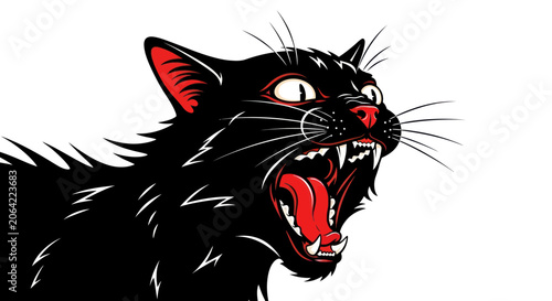 Photography Aggressive black cat screaming with open mouth and fangs showing