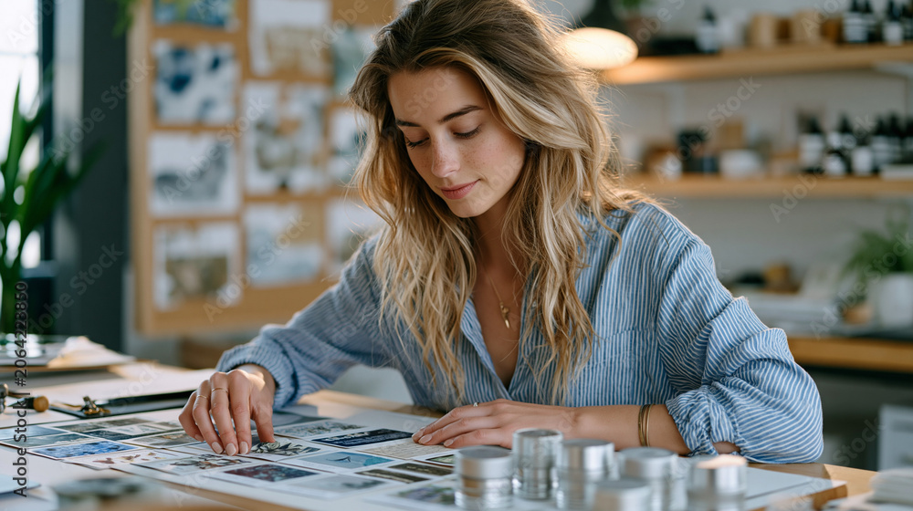 Fototapeta premium Zero waste beauty packaging design studio with a single packaging engineer comparing compostable label swatches against refillable aluminum container prototypes on a drafting table, recycled materia