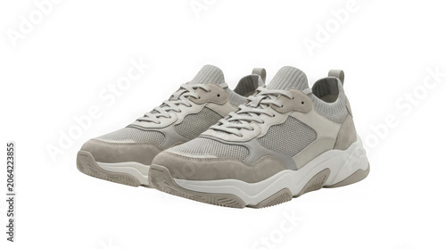 Light Grey Chunky Sneakers With Mesh And Suede On White Background