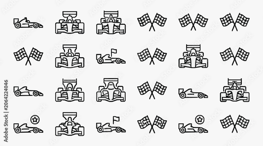 Naklejka premium Sleek Racing Icons and Checkered Flags A Minimalist Collection of Motorsport Symbols and Vehicles