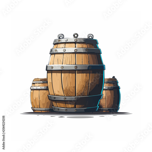 Cartoon wooden barrel with metal bands