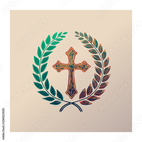 Cross with Laurel Wreath Flat Design Illustration