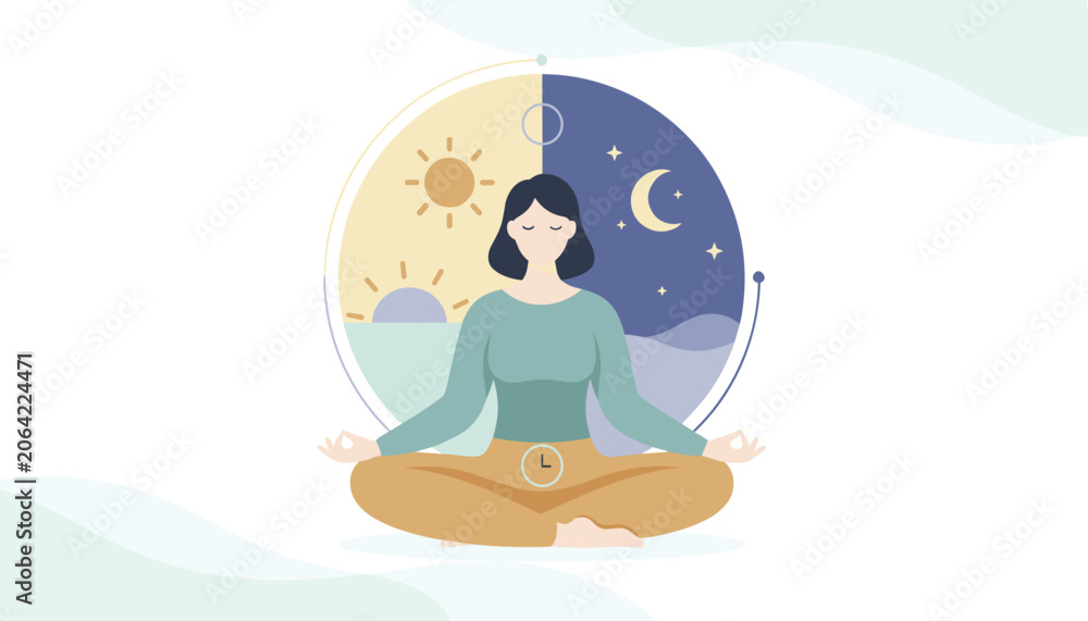 Fototapeta premium Peaceful woman meditates in the lotus position against a day and night cycle background to show circadian rhythm and daily wellness.