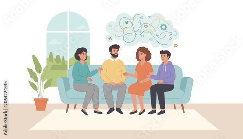Professional family therapist helps a couple and their son resolve complex emotional conflicts in a comfortable therapy room.