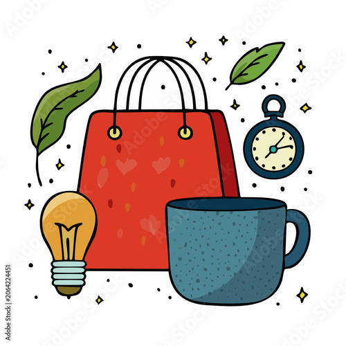 Flat design illustration of shopping bag, coffee cup, light bulb, and