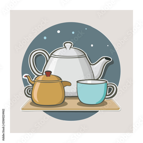Flat Design Illustration of Teapot and Cup on Wooden Surface