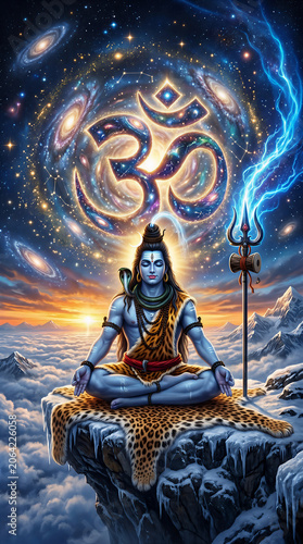 Lord Shiva Meditating with Cosmic Om Symbol 
and Galaxy Universe at Sunset, Mahadev 
Adiyogi Hindu God Spiritual Fantasy Art