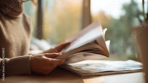 Woman reading book at wooden desk.