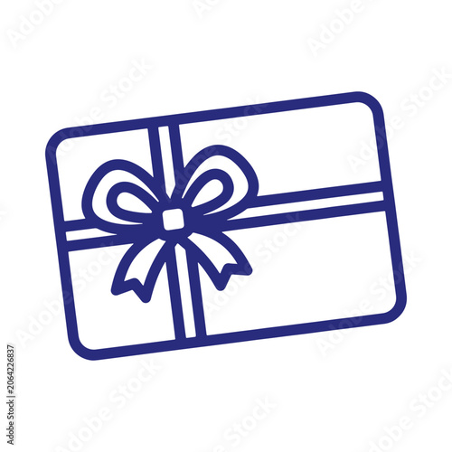 A blue line of a rectangular gift card wrapped with a ribbon and bow, isolated on a white background, for shopping and, holiday themes
