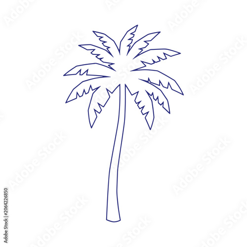 A minimalist blue line of a single palm tree with jagged fronds, isolated on a clean white background, style