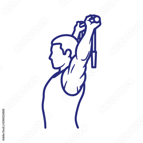 A side view line of a person performing an overhead tricep extension exercise with a resistance band on a white background