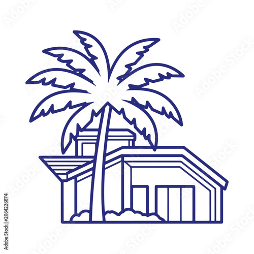 A simple blue line of a tropical house with a large palm tree in front of it, isolated on a clean white background